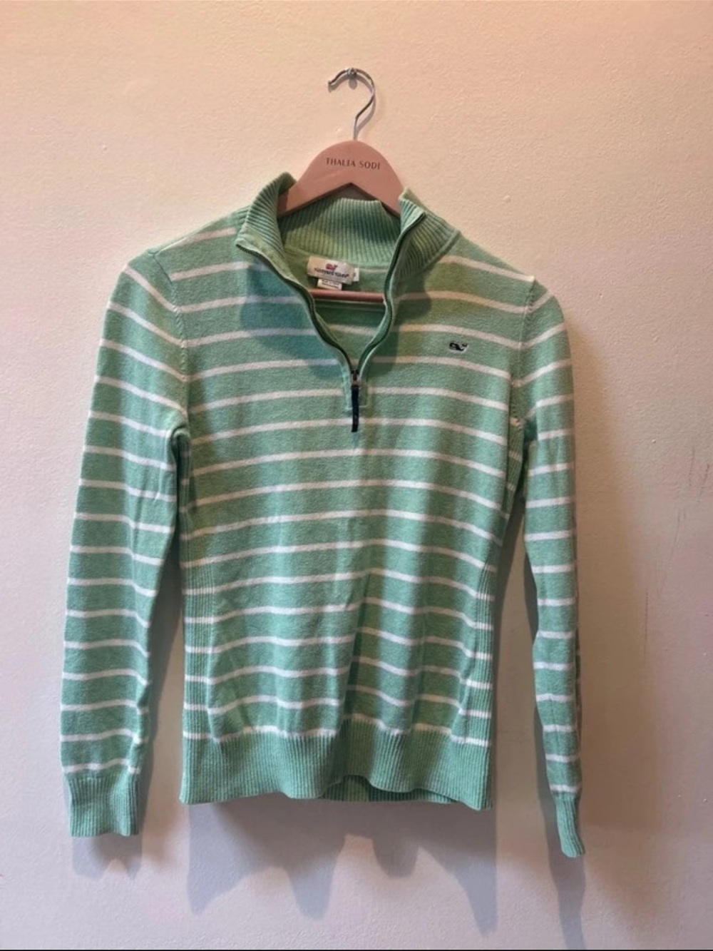 Vineyard Vines Mint and White Striped Quarter-Zip Sweater